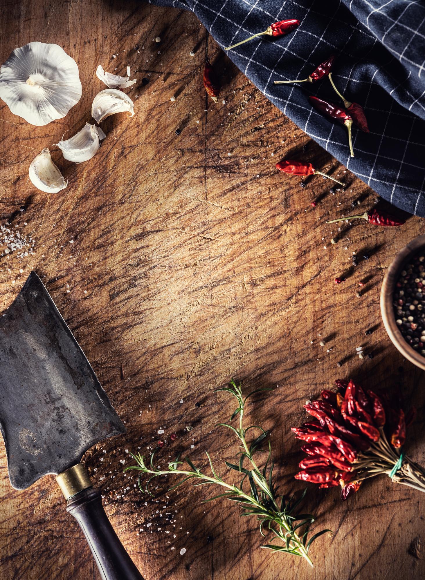 Rustic kitchen workspace with ingredients